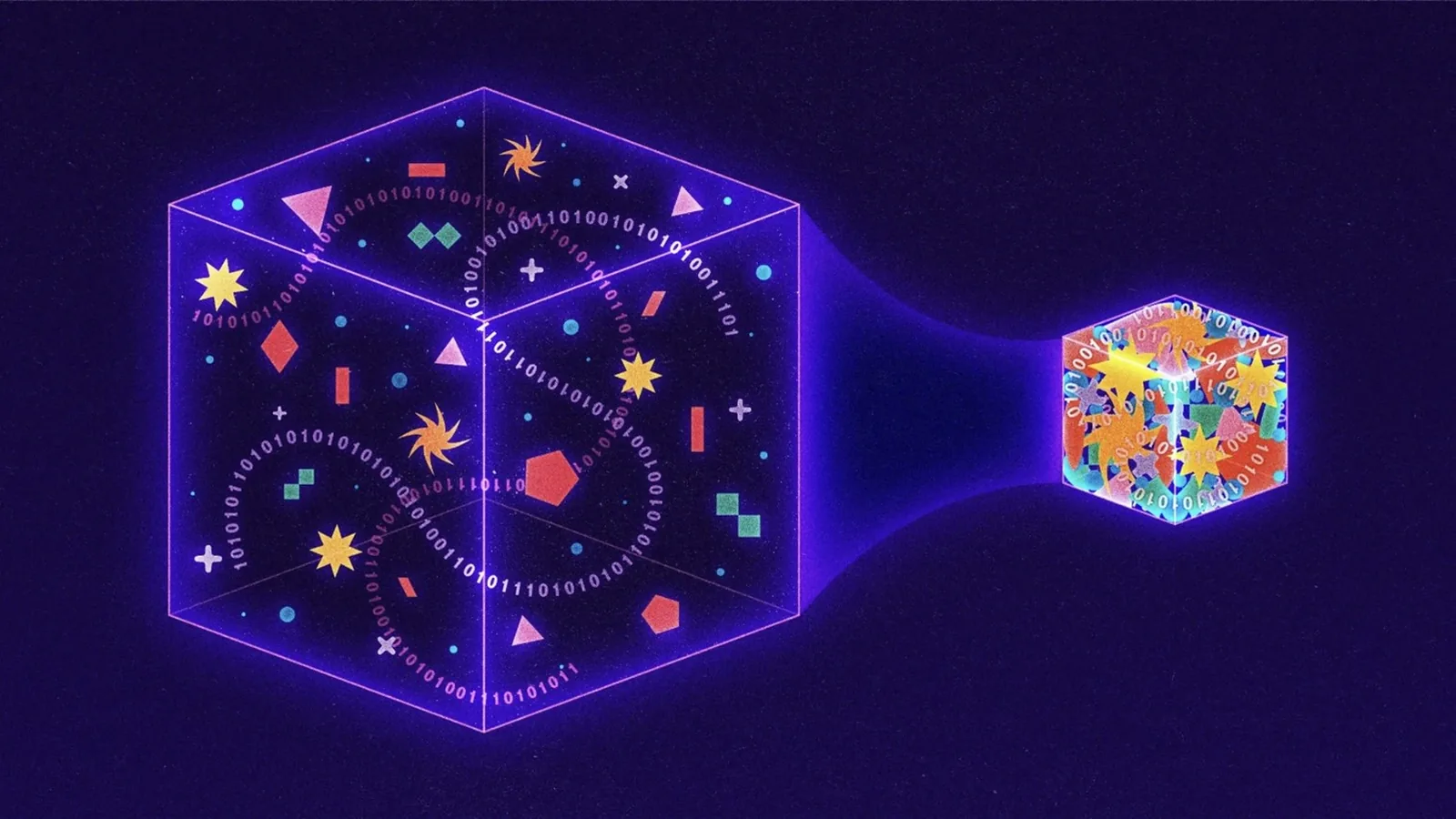 Illustration: a large glowing cube filled with binary digits and shapes collapsing into a small dense cube