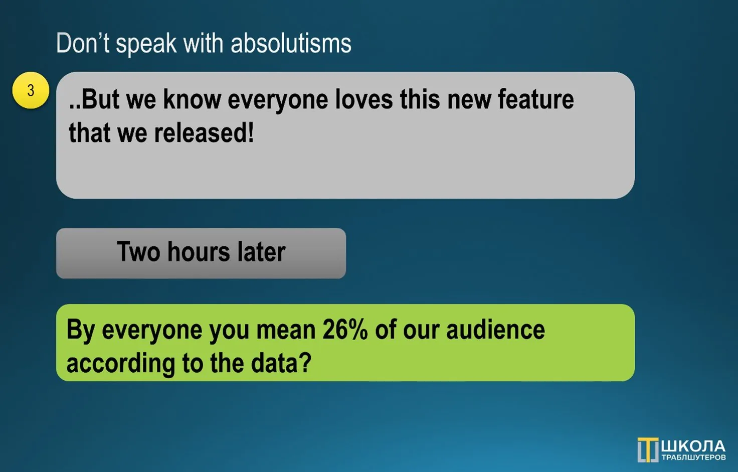 Chat screenshot, Don't speak with absolutisms: a claim that everyone loves the new feature and a reply two hours later asking whether everyone means 26% of the audience