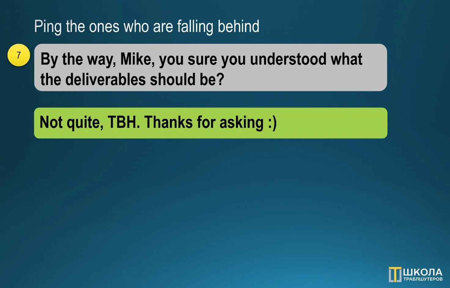 Chat screenshot, Ping the ones who are falling behind: Mike is asked whether he understood the deliverables and answers that not quite