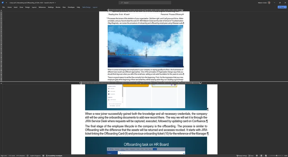 Microsoft Word in split screen mode: the top pane shows a page with an illustration, the bottom pane a different part of the same document