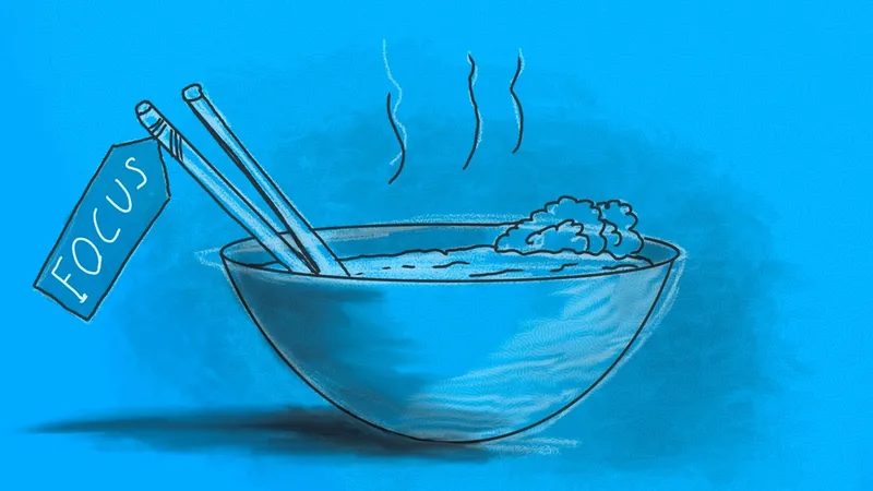 Drawing of a steaming bowl with chopsticks on a blue background, a paper tag reading FOCUS hangs from the chopsticks