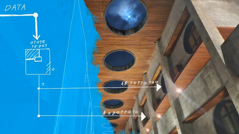 Blue blueprint sketch of data turning into binary strings, overlaid on a photo of a building facade with round ceiling openings