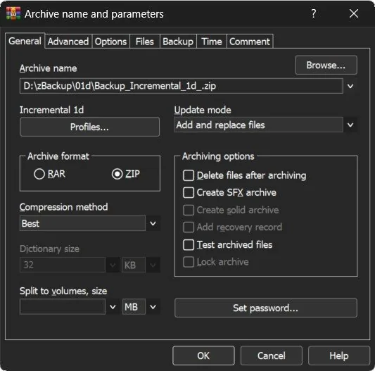 WinRAR dialog Archive name and parameters, General tab: archive path D:Backupdackup_Incremental_1d_.zip, ZIP format, compression method Best, update mode Add and replace files