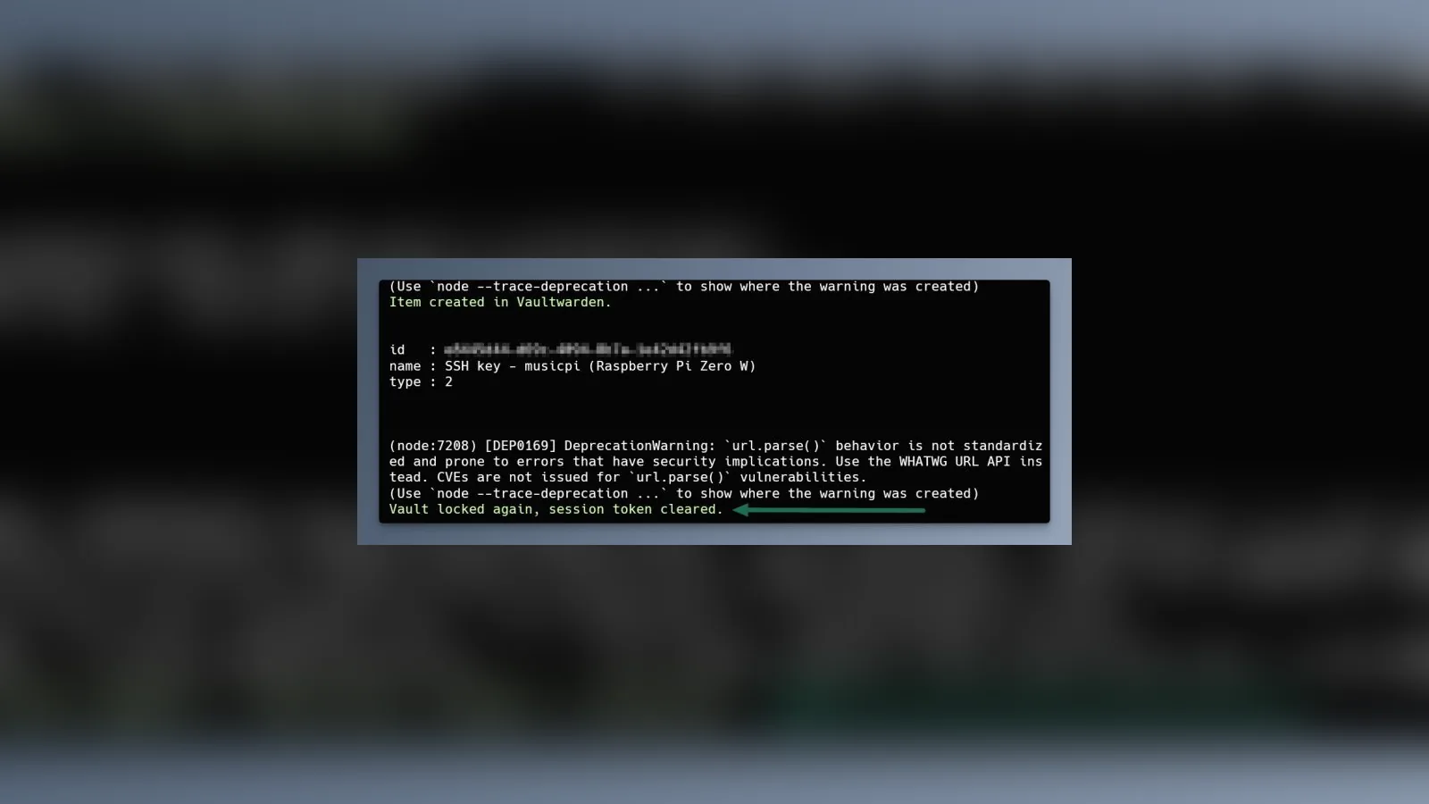 Terminal output showing a vault entry for an SSH key and the vault locking again