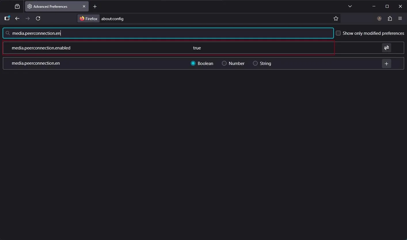 Firefox about:config page with the search media.peerconnection.en and the preference media.peerconnection.enabled set to true