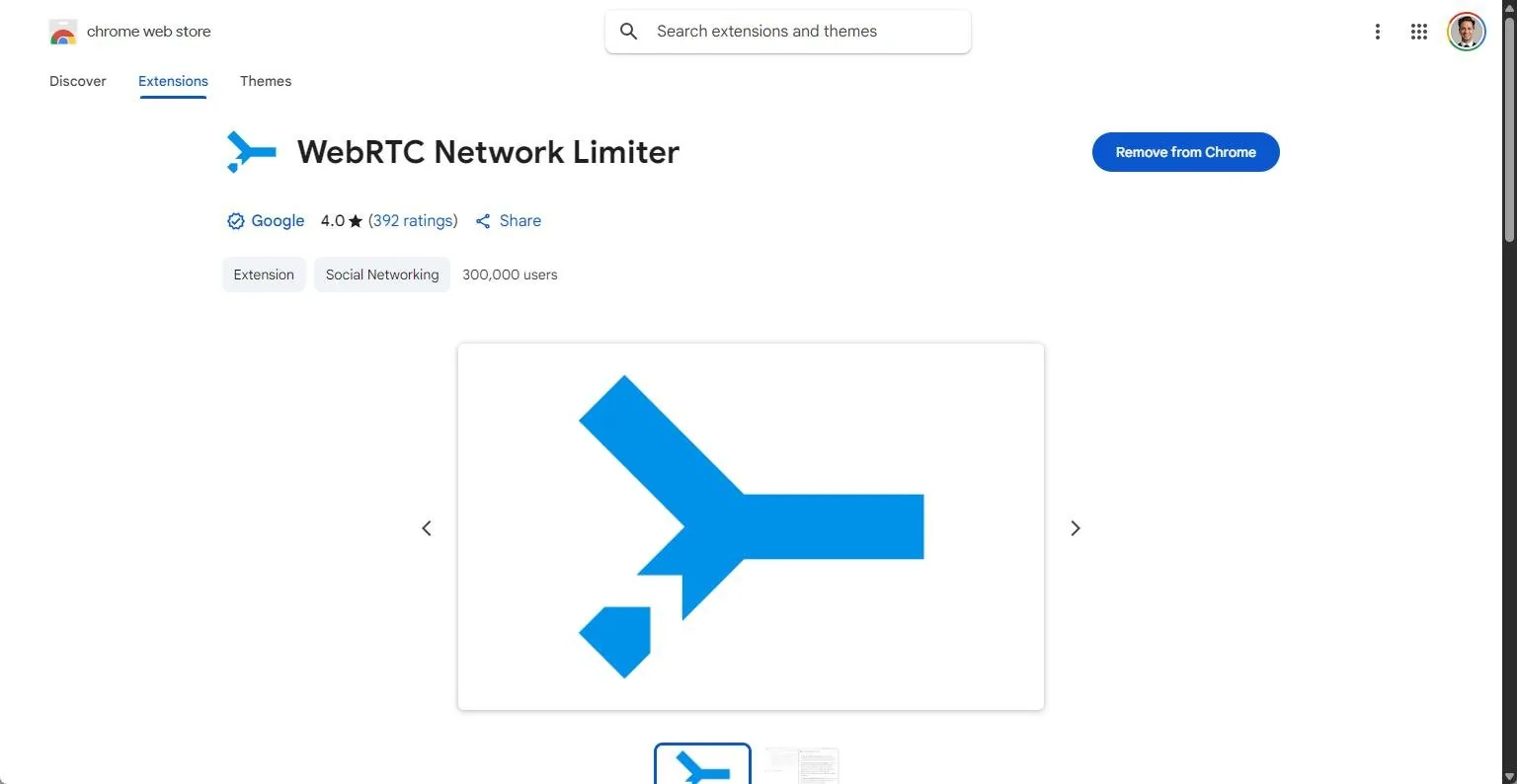Chrome Web Store page of the WebRTC Network Limiter extension by Google, rating 4.0 from 392 ratings, 300,000 users, with a Remove from Chrome button