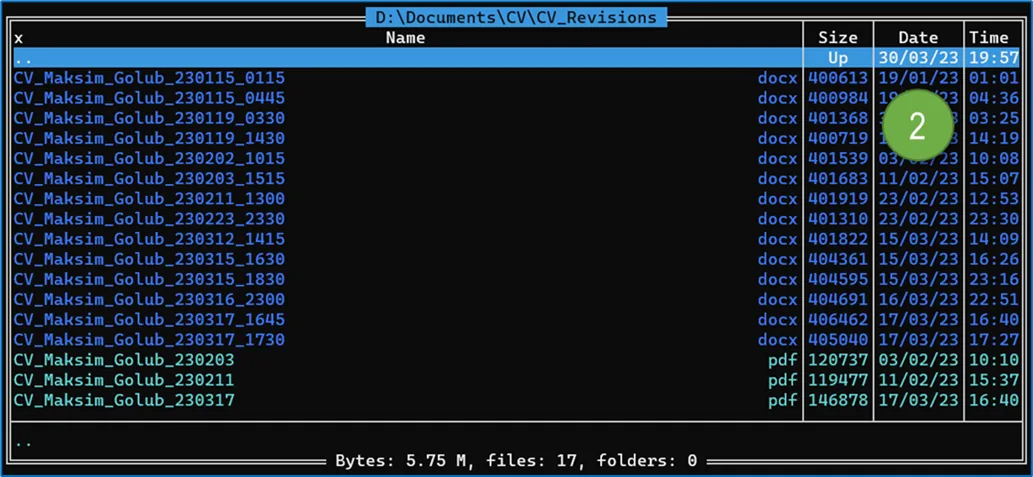 A file manager window showing the CV_Revisions folder: seventeen files named CV_Maksim_Golub_YYMMDD_HHMM in docx and pdf, 5.75 MB total