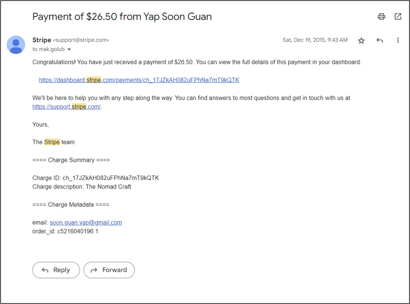 Письмо от Stripe в почте: заголовок «Payment of $26.50», дата 19 декабря 2015 года, в сводке платежа описание «The Nomad Craft»