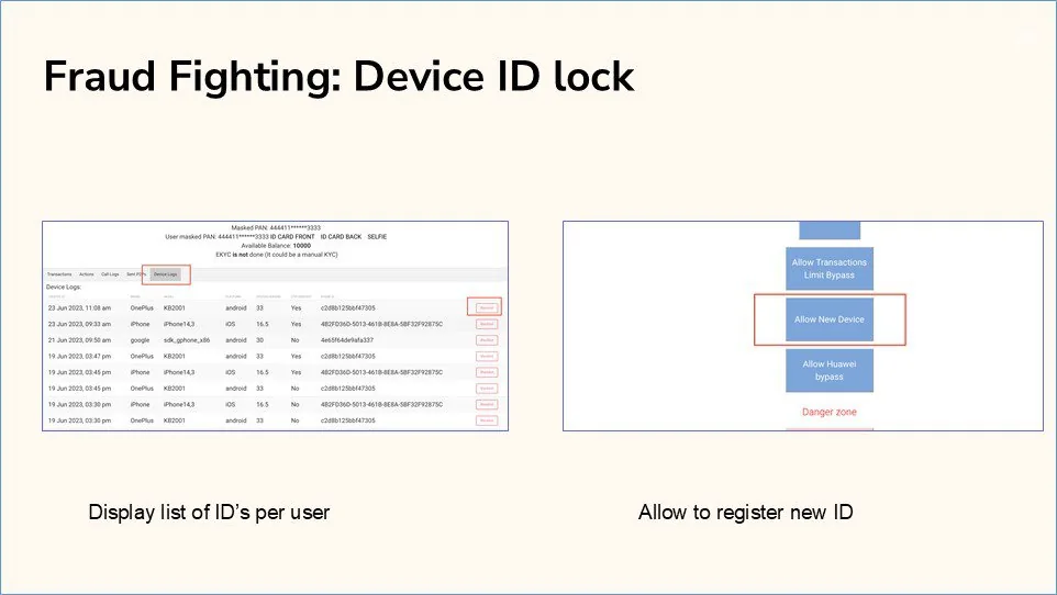 Two screenshots of the support tool: on the left the device log per user with date, brand, model, platform and device ID, on the right the settings panel where the option to allow a new device is highlighted in red above the danger zone