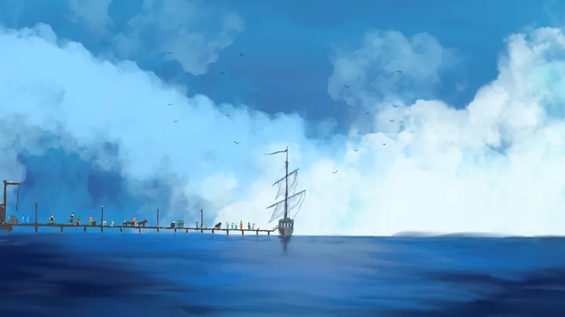 Painted scene: a line of people walking along a wooden pier towards a sailing ship under a cloudy sky