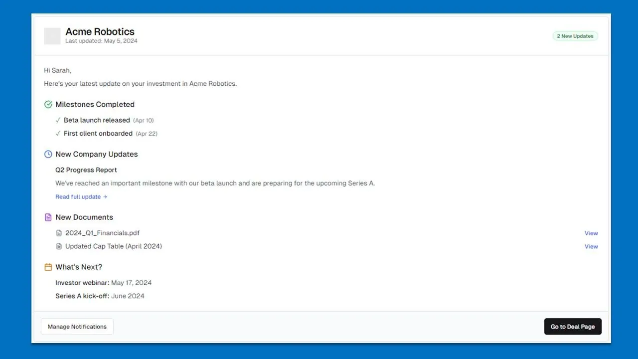 Prototype of the investor digest email for Acme Robotics: milestones completed, new company updates, new documents and a What's next block with webinar and Series A dates