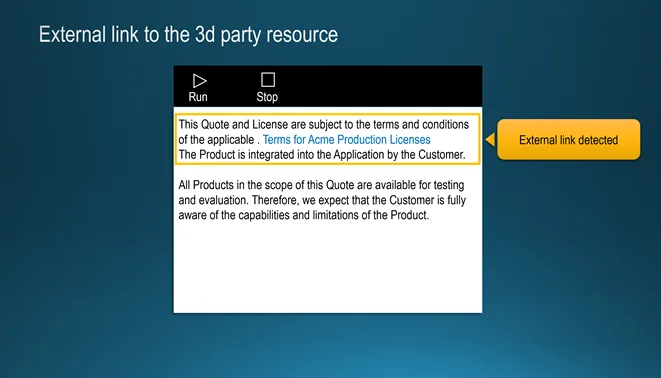 Slide «External link to the 3d party resource»: a quote clause referring to «Terms for Acme Production Licenses» as a hyperlink, marked by the callout «External link detected».