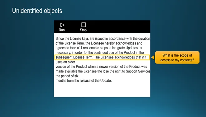 Slide «Unidentified objects»: a license clause where the term «subsequent License Term» is highlighted as undefined, with a question callout about its scope.
