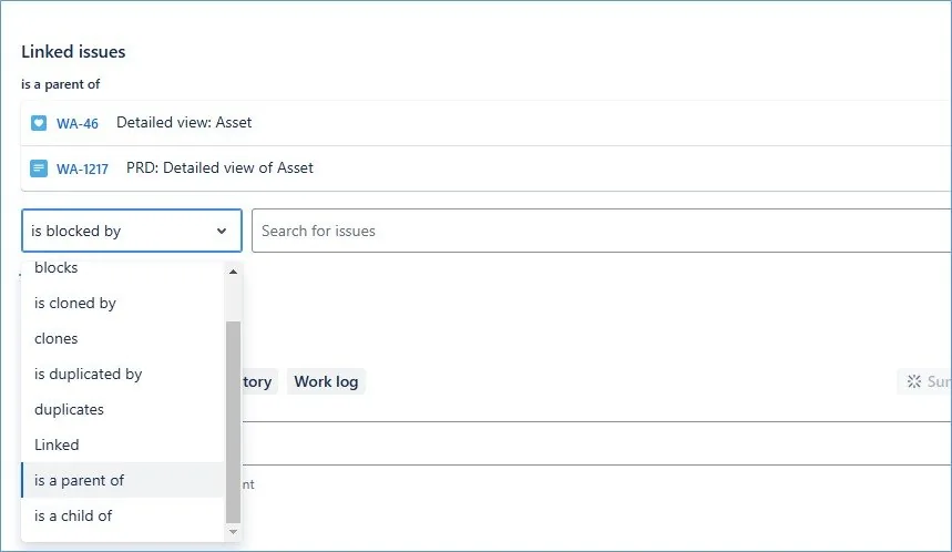 Screenshot of the Linked issues block of a task: two child issues are linked as "is a parent of", and the open dropdown of relationship types lists blocks, is cloned by, clones, is duplicated by, duplicates, Linked, is a parent of, is a child of