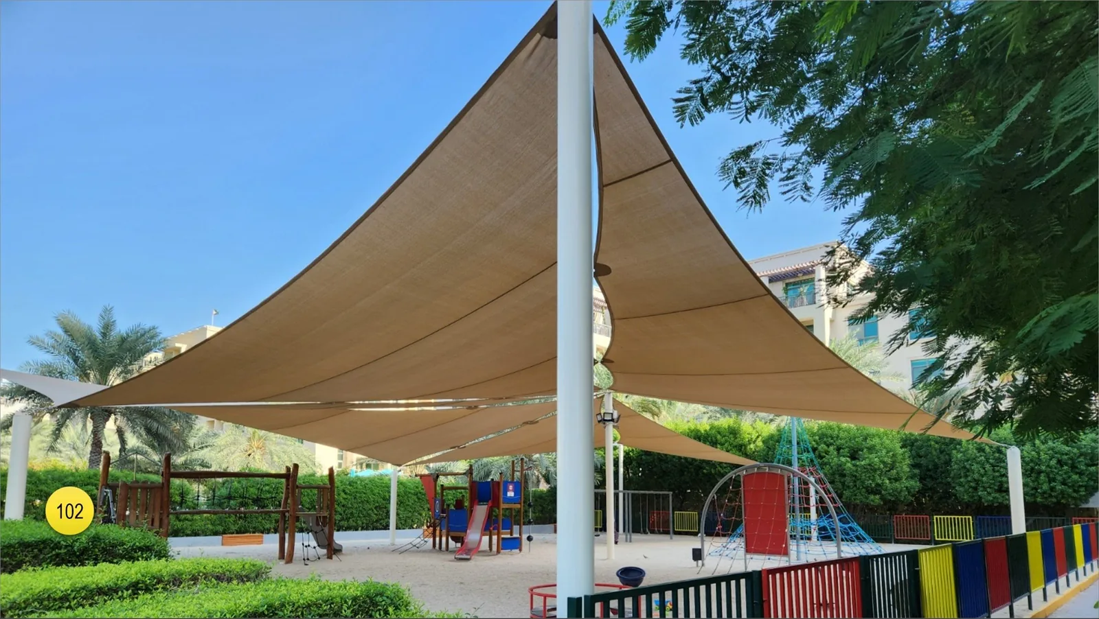 Sheds could be found at the parking areas and also at the kids playground (102).