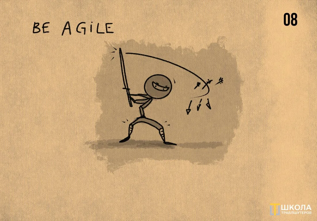 Sketch numbered 08 with the caption "Be agile": a ninja with a raised sword deflects three arrows flying at him