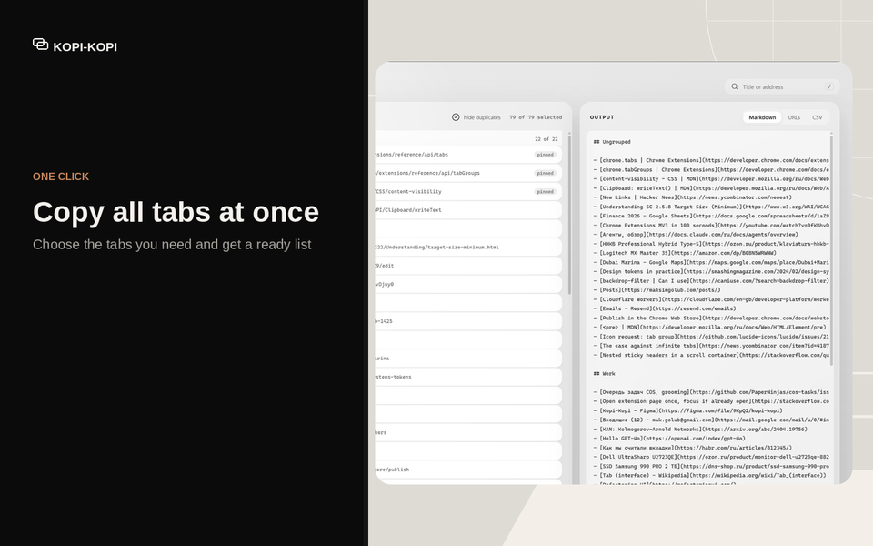 Kopi-Kopi listing the tabs of a Chrome window next to the Markdown it produces