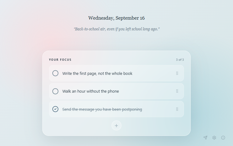 Skopo new tab showing three daily priorities